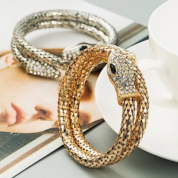 Gold Crystal Rhinestone Snake Serpent Wrap Around Bracelet - Picture 4 of 5